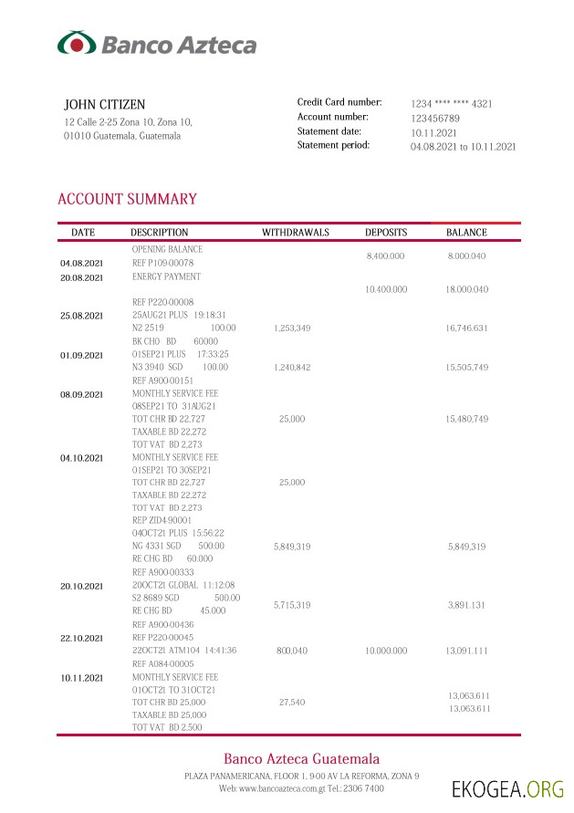Relevé bancaire Guatemala Azteca template Relevé bancaire Guatemala Azteca template